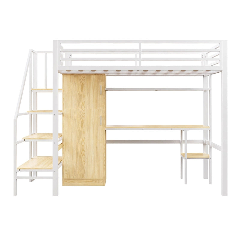 Lit mezzanine double avec bureau et étagère de rangement, lit mezzanine en métal avec barrières de sécurité, escalier de rangement et armoire pour enfants et adolescents