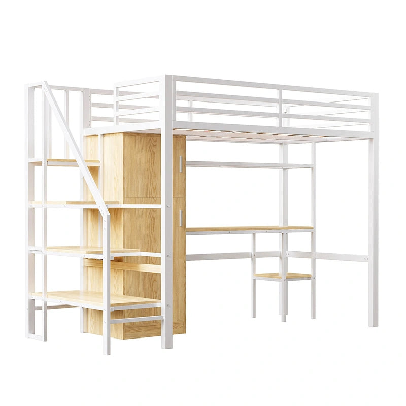 Lit mezzanine double avec bureau et étagère de rangement, lit mezzanine en métal avec barrières de sécurité, escalier de rangement et armoire pour enfants et adolescents
