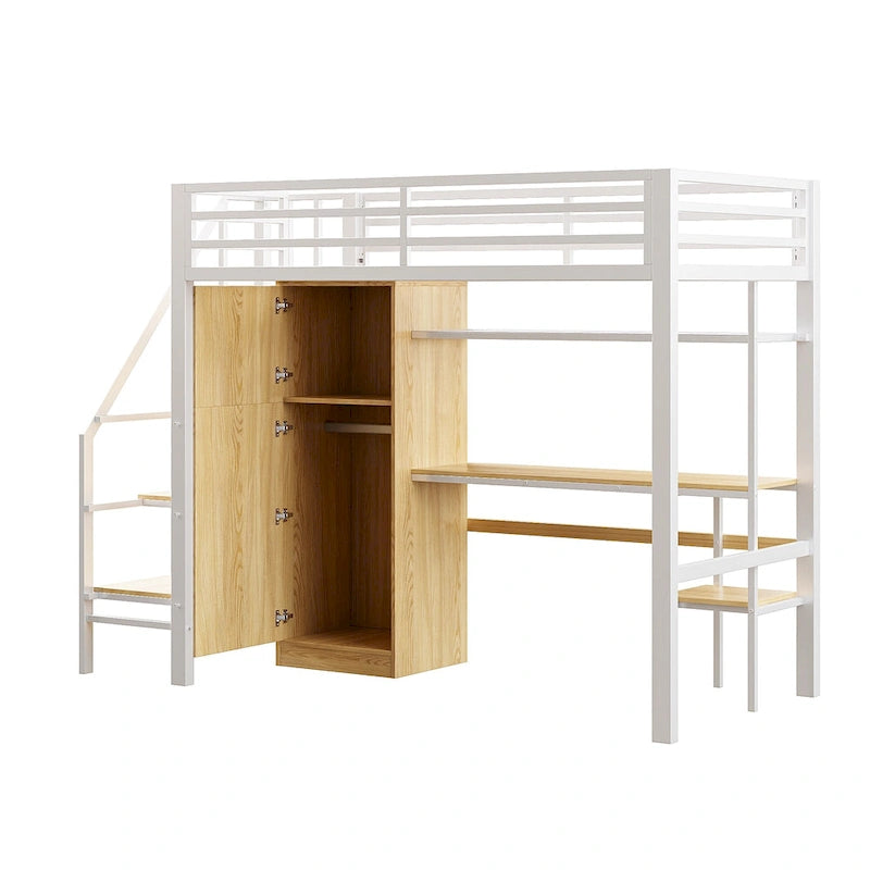 Lit mezzanine double avec bureau et étagère de rangement, lit mezzanine en métal avec barrières de sécurité, escalier de rangement et armoire pour enfants et adolescents