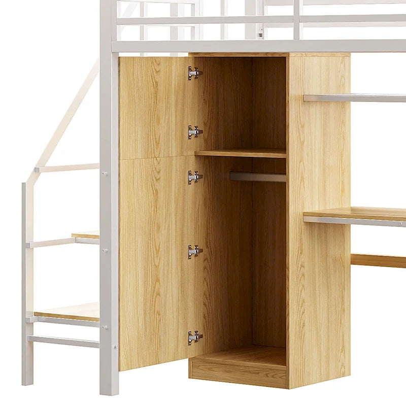 Lit mezzanine double avec bureau et étagère de rangement, lit mezzanine en métal avec barrières de sécurité, escalier de rangement et armoire pour enfants et adolescents