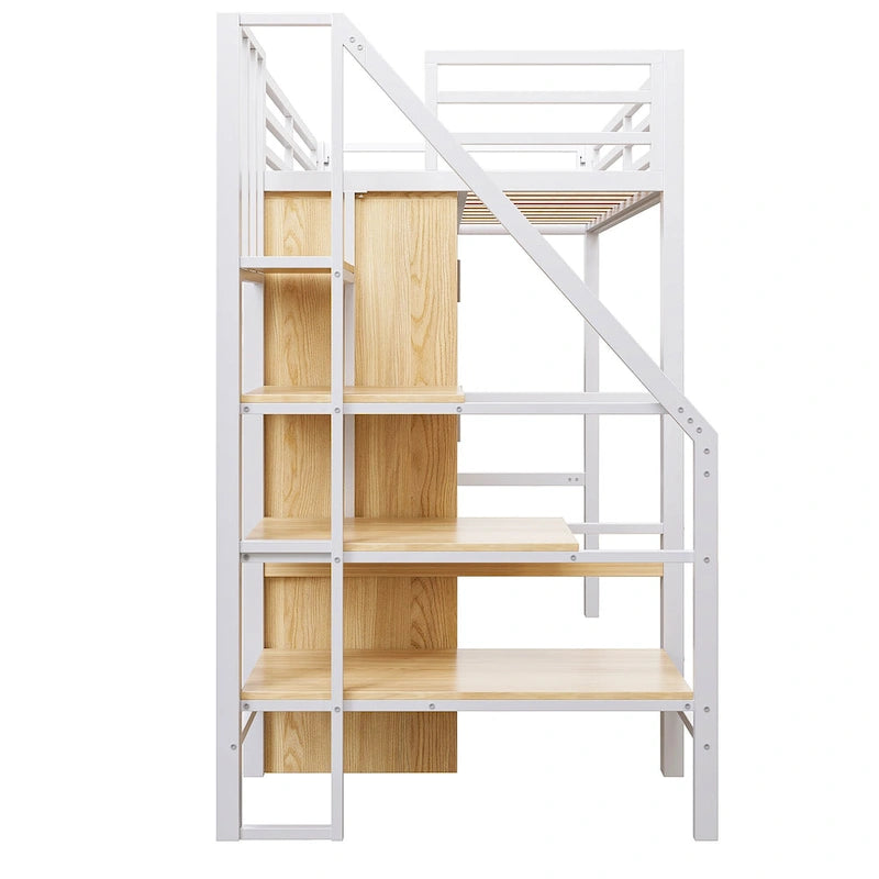 Lit mezzanine double avec bureau et étagère de rangement, lit mezzanine en métal avec barrières de sécurité, escalier de rangement et armoire pour enfants et adolescents