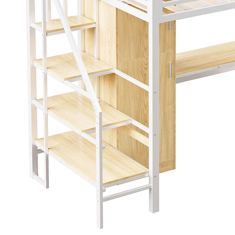 Lit mezzanine double avec bureau et étagère de rangement, lit mezzanine en métal avec barrières de sécurité, escalier de rangement et armoire pour enfants et adolescents