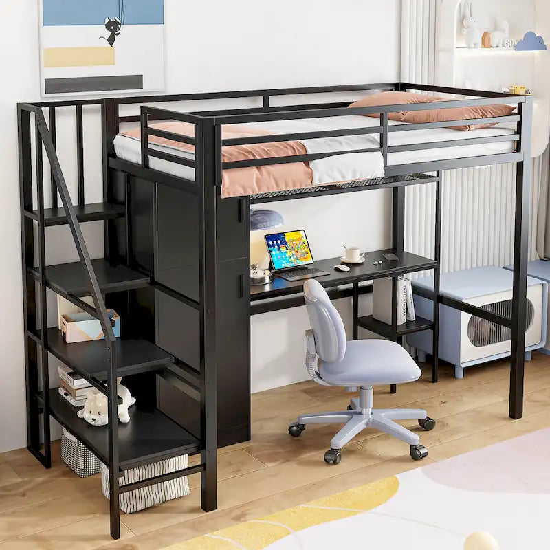 Lit mezzanine double avec bureau et étagère de rangement, lit mezzanine en métal avec barrières de sécurité, escalier de rangement et armoire pour enfants et adolescents