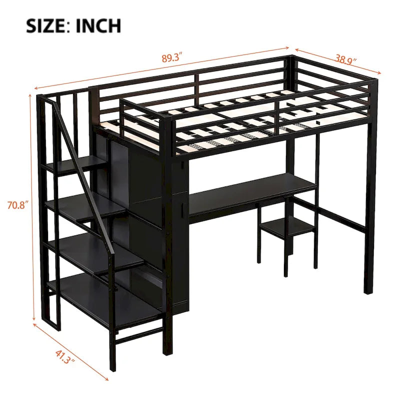 Lit mezzanine double avec bureau et étagère de rangement, lit mezzanine en métal avec barrières de sécurité, escalier de rangement et armoire pour enfants et adolescents