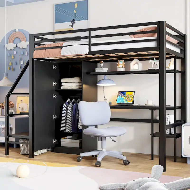 Lit mezzanine double avec bureau et étagère de rangement, lit mezzanine en métal avec barrières de sécurité, escalier de rangement et armoire pour enfants et adolescents