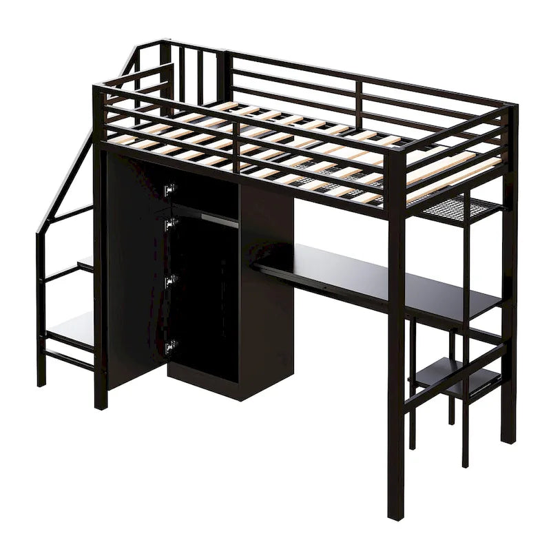 Lit mezzanine double avec bureau et étagère de rangement, lit mezzanine en métal avec barrières de sécurité, escalier de rangement et armoire pour enfants et adolescents