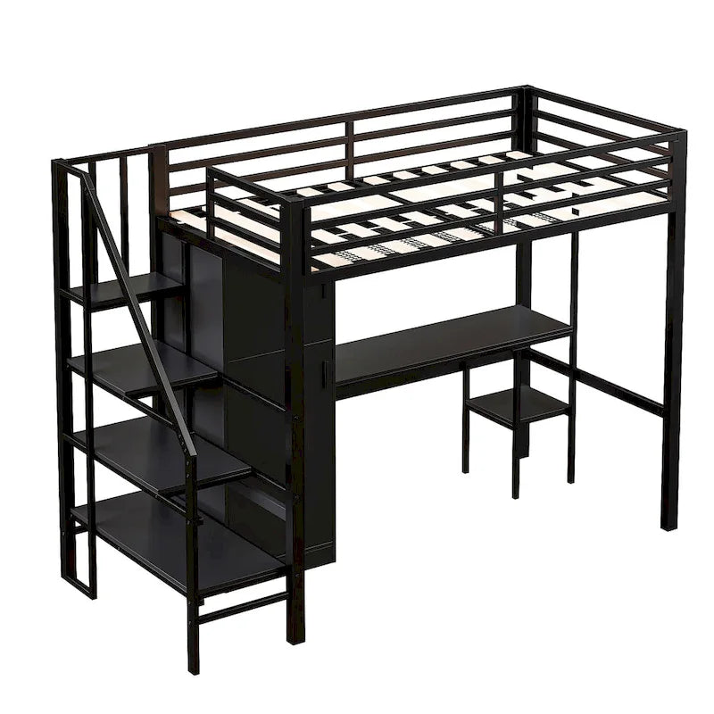 Lit mezzanine double avec bureau et étagère de rangement, lit mezzanine en métal avec barrières de sécurité, escalier de rangement et armoire pour enfants et adolescents