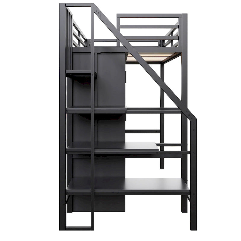 Lit mezzanine double avec bureau et étagère de rangement, lit mezzanine en métal avec barrières de sécurité, escalier de rangement et armoire pour enfants et adolescents