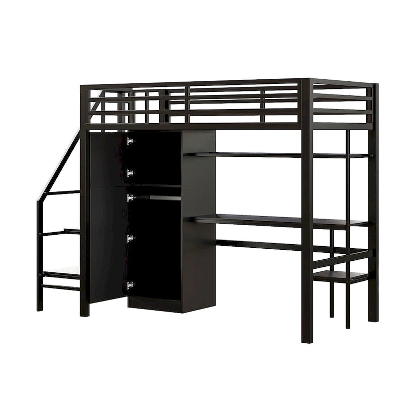 Lit mezzanine double avec bureau et étagère de rangement, lit mezzanine en métal avec barrières de sécurité, escalier de rangement et armoire pour enfants et adolescents