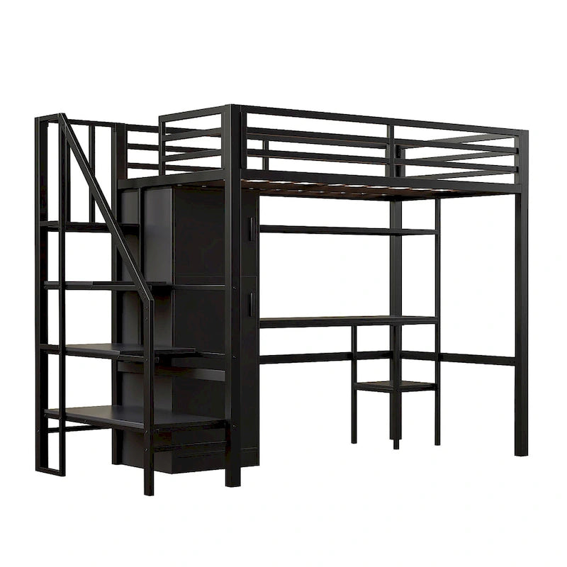 Lit mezzanine double avec bureau et étagère de rangement, lit mezzanine en métal avec barrières de sécurité, escalier de rangement et armoire pour enfants et adolescents