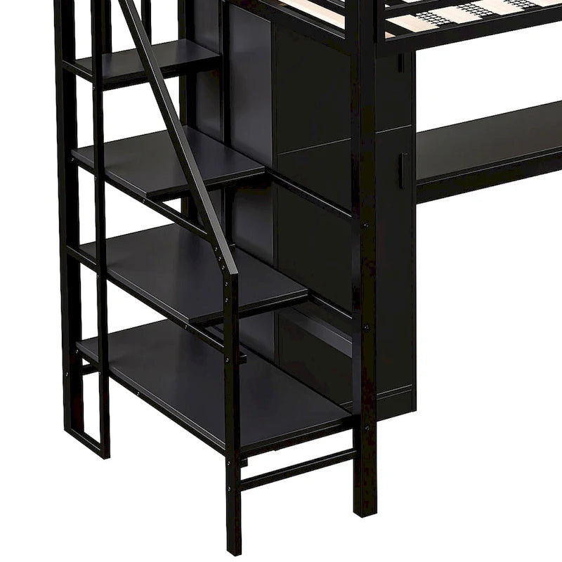 Lit mezzanine double avec bureau et étagère de rangement, lit mezzanine en métal avec barrières de sécurité, escalier de rangement et armoire pour enfants et adolescents
