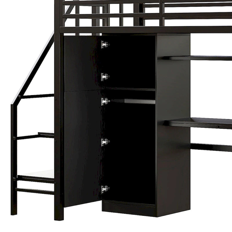Lit mezzanine double avec bureau et étagère de rangement, lit mezzanine en métal avec barrières de sécurité, escalier de rangement et armoire pour enfants et adolescents