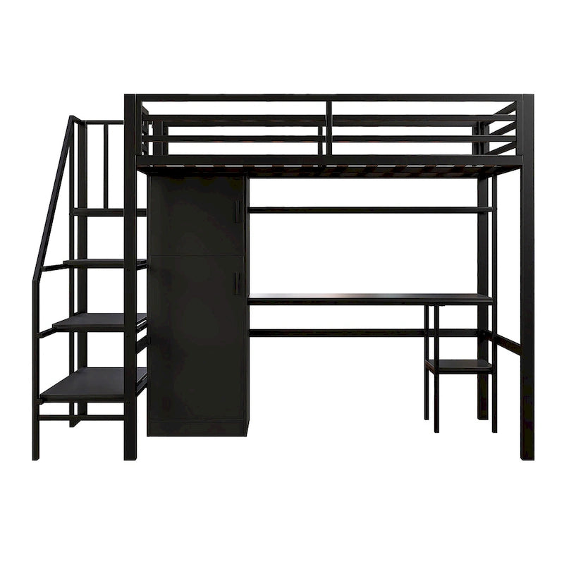 Lit mezzanine double avec bureau et étagère de rangement, lit mezzanine en métal avec barrières de sécurité, escalier de rangement et armoire pour enfants et adolescents