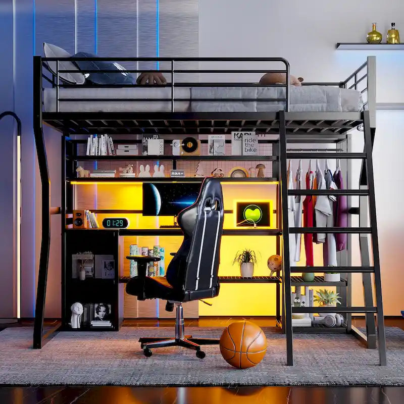 Lit mezzanine de jeu en métal noir pleine grandeur avec armoire ouverte et poste de travail intégré, cadre de lit mezzanine de rangement à LED pour enfants, adolescents, adultes