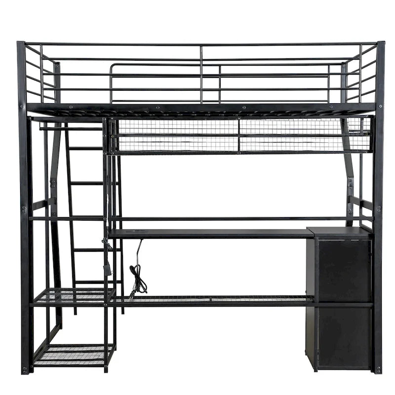 Lit mezzanine de jeu en métal noir pleine grandeur avec armoire ouverte et poste de travail intégré, cadre de lit mezzanine de rangement à LED pour enfants, adolescents, adultes