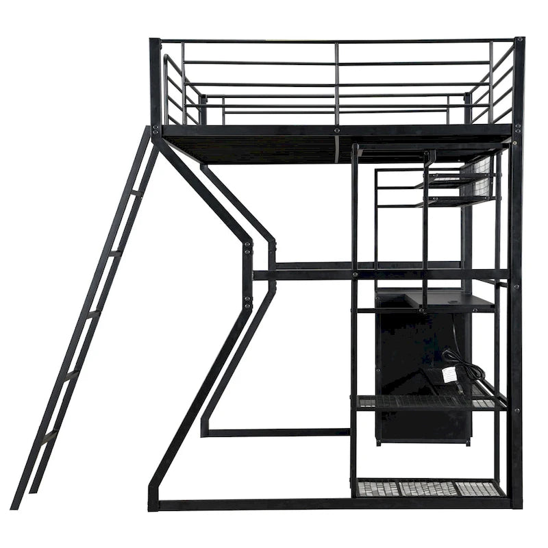 Lit mezzanine de jeu en métal noir pleine grandeur avec armoire ouverte et poste de travail intégré, cadre de lit mezzanine de rangement à LED pour enfants, adolescents, adultes