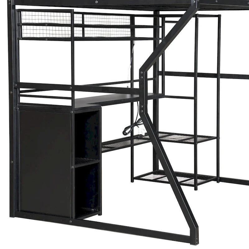 Lit mezzanine de jeu en métal noir pleine grandeur avec armoire ouverte et poste de travail intégré, cadre de lit mezzanine de rangement à LED pour enfants, adolescents, adultes