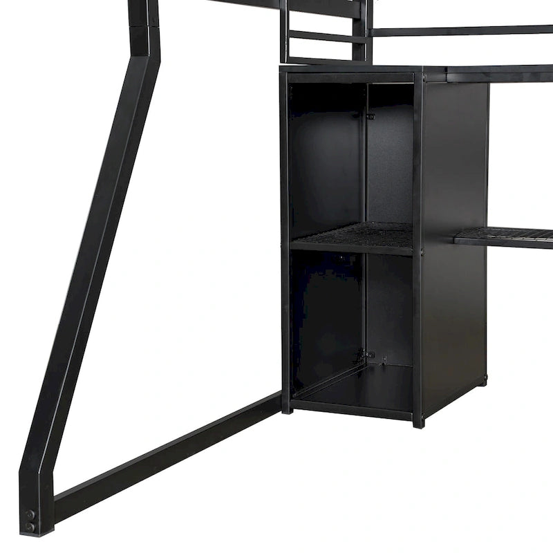 Lit mezzanine de jeu en métal noir pleine grandeur avec armoire ouverte et poste de travail intégré, cadre de lit mezzanine de rangement à LED pour enfants, adolescents, adultes