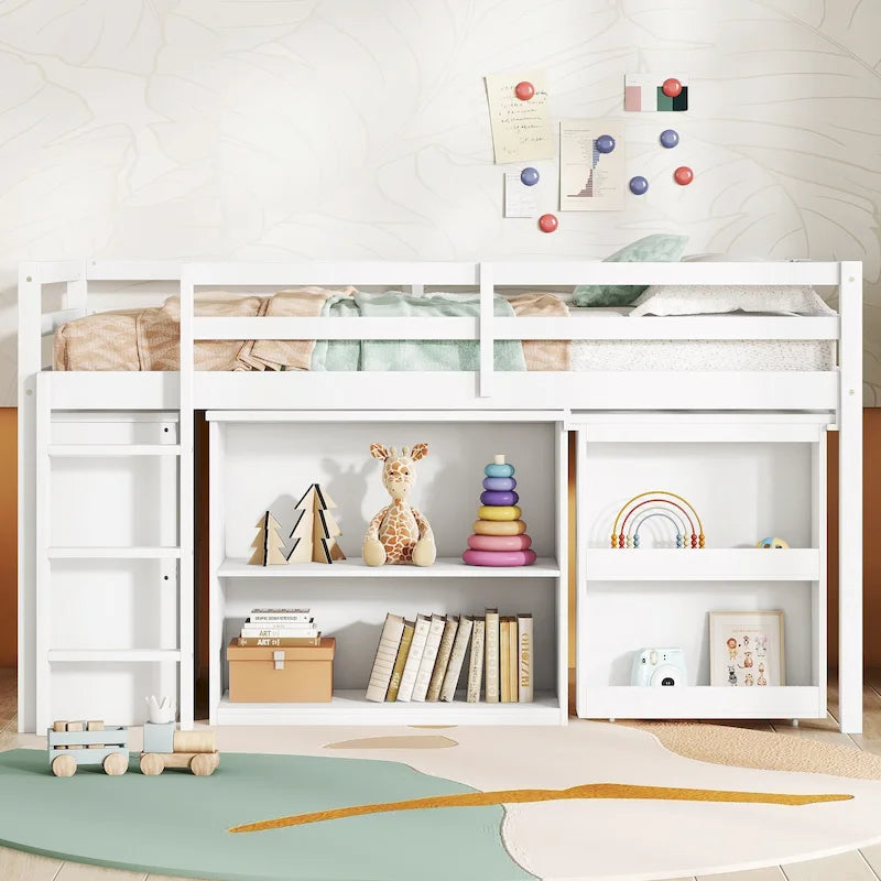 Lit mezzanine bas pour enfants taille jumeau avec tiroir de rangement et bureau coulissant, cadre de lit en bois peu encombrant avec barrière de sécurité pour dortoirs