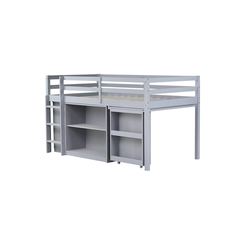 Twin Size Kids Low Loft Bed with Storage Drawer & Pull-Out Desk, Dorms Wood Bed Frame Space-Saving with Safety Guardrail