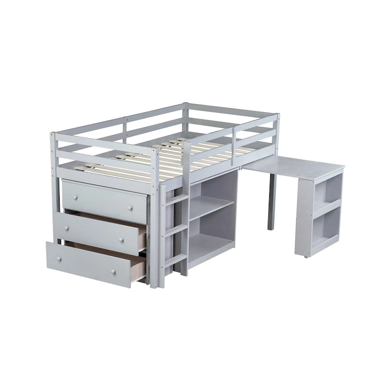 Lit mezzanine bas pour enfants taille jumeau avec tiroir de rangement et bureau coulissant, cadre de lit en bois peu encombrant avec barrière de sécurité pour dortoirs