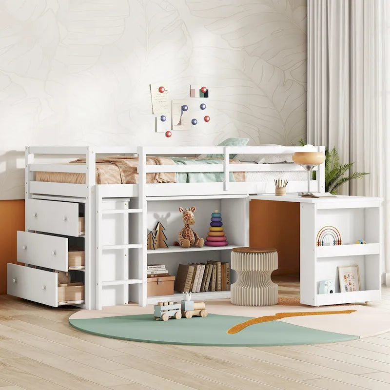 Lit mezzanine bas pour enfants taille jumeau avec tiroir de rangement et bureau coulissant, cadre de lit en bois peu encombrant avec barrière de sécurité pour dortoirs