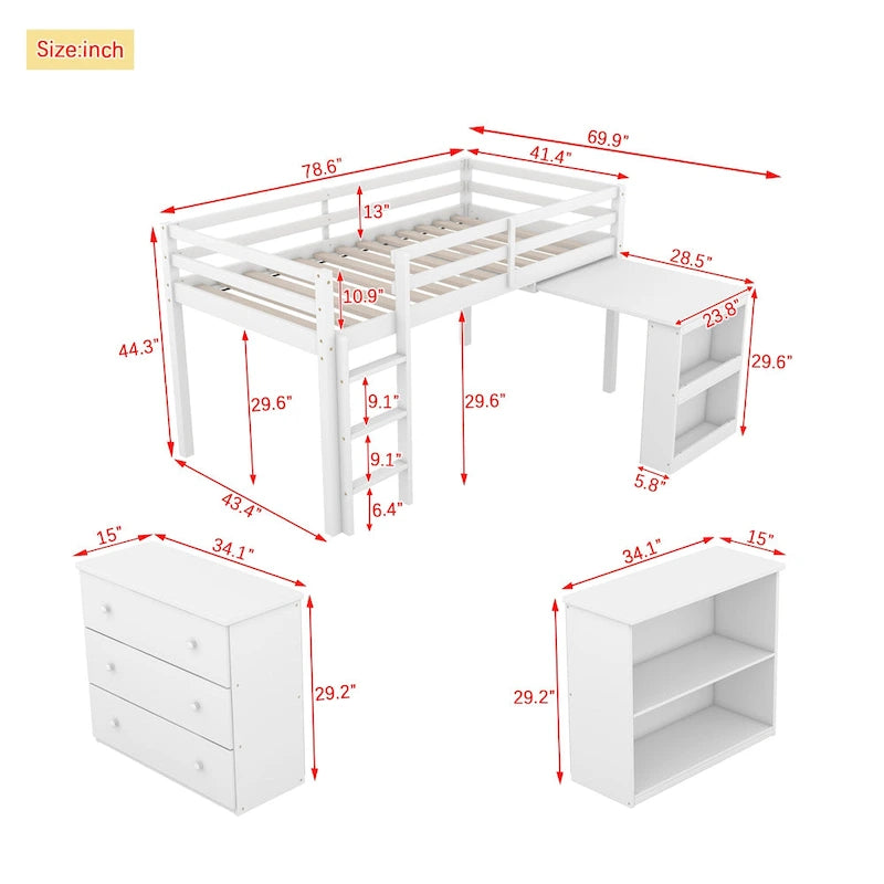 Lit mezzanine bas pour enfants taille jumeau avec tiroir de rangement et bureau coulissant, cadre de lit en bois peu encombrant avec barrière de sécurité pour dortoirs
