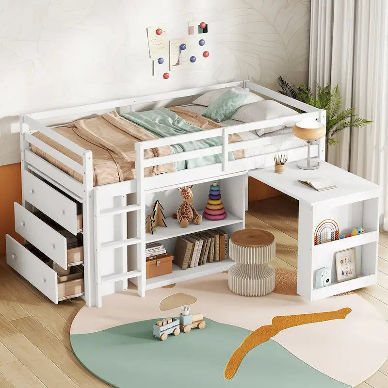 Lit mezzanine bas pour enfants taille jumeau avec tiroir de rangement et bureau coulissant, cadre de lit en bois peu encombrant avec barrière de sécurité pour dortoirs