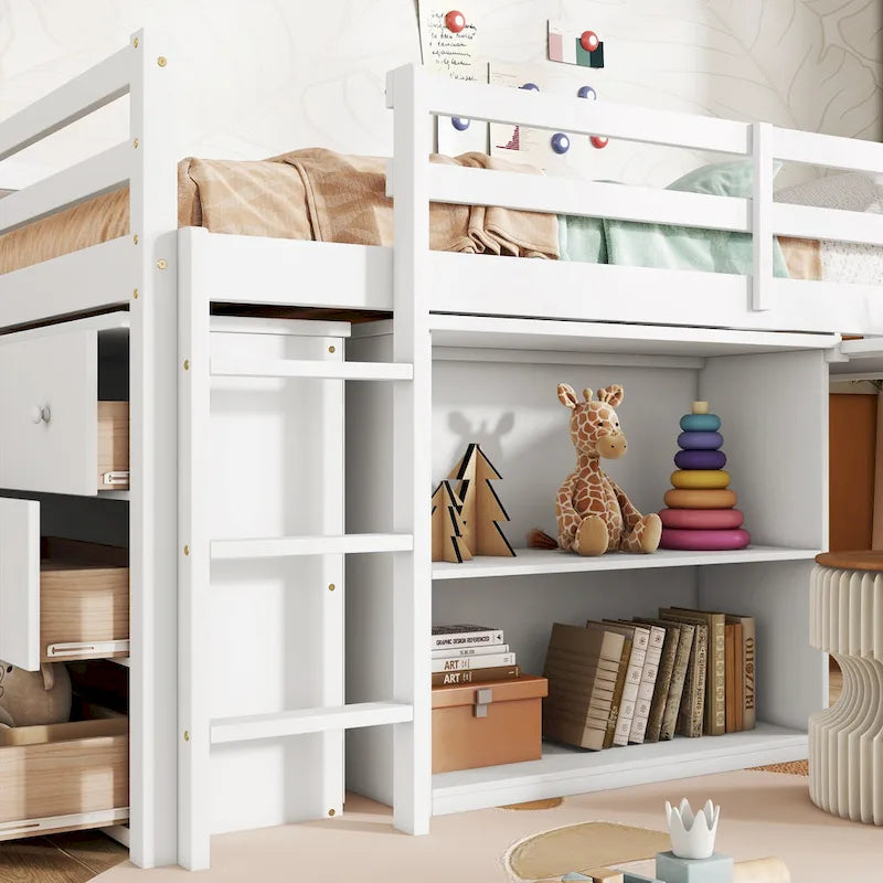 Lit mezzanine bas pour enfants taille jumeau avec tiroir de rangement et bureau coulissant, cadre de lit en bois peu encombrant avec barrière de sécurité pour dortoirs