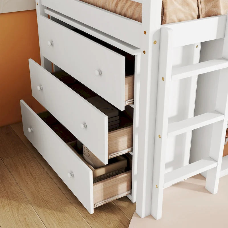 Lit mezzanine bas pour enfants taille jumeau avec tiroir de rangement et bureau coulissant, cadre de lit en bois peu encombrant avec barrière de sécurité pour dortoirs