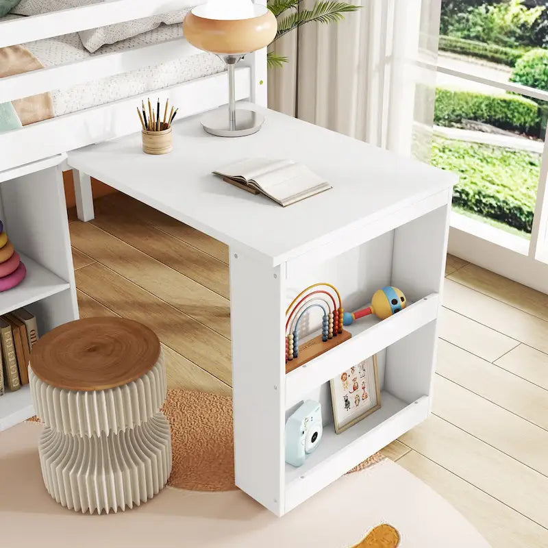 Lit mezzanine bas pour enfants taille jumeau avec tiroir de rangement et bureau coulissant, cadre de lit en bois peu encombrant avec barrière de sécurité pour dortoirs