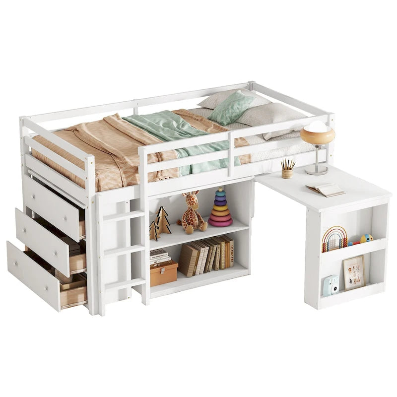 Lit mezzanine bas pour enfants taille jumeau avec tiroir de rangement et bureau coulissant, cadre de lit en bois peu encombrant avec barrière de sécurité pour dortoirs
