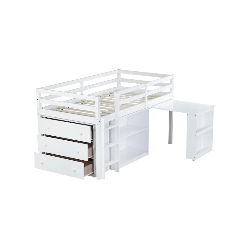 Lit mezzanine bas pour enfants taille jumeau avec tiroir de rangement et bureau coulissant, cadre de lit en bois peu encombrant avec barrière de sécurité pour dortoirs