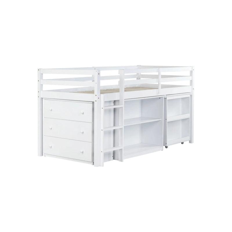 Lit mezzanine bas pour enfants taille jumeau avec tiroir de rangement et bureau coulissant, cadre de lit en bois peu encombrant avec barrière de sécurité pour dortoirs