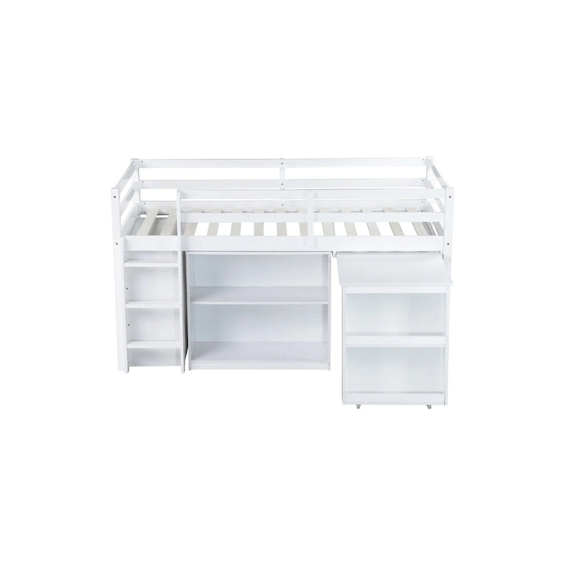 Lit mezzanine bas pour enfants taille jumeau avec tiroir de rangement et bureau coulissant, cadre de lit en bois peu encombrant avec barrière de sécurité pour dortoirs