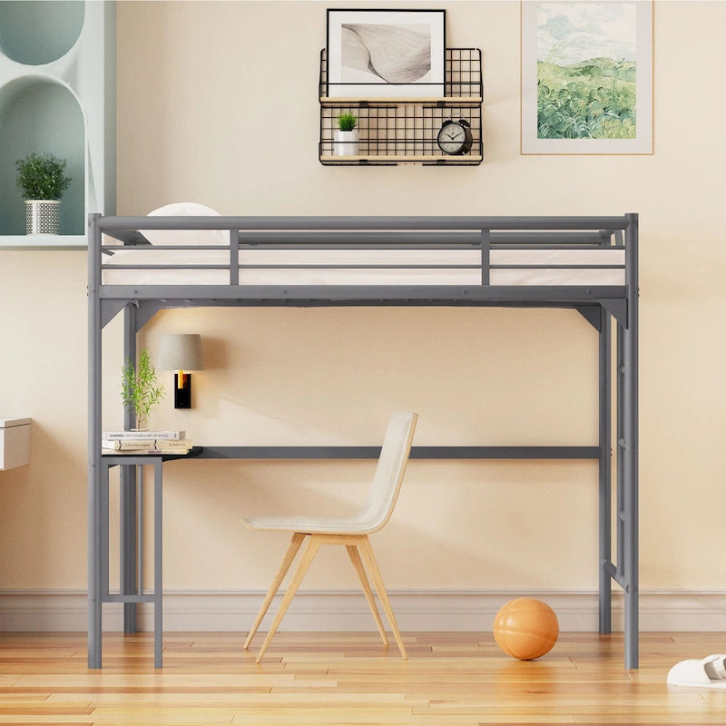 Lit mezzanine en métal de taille double avec bureau, échelle et garde-corps, bureau sous le lit pour chambre à coucher