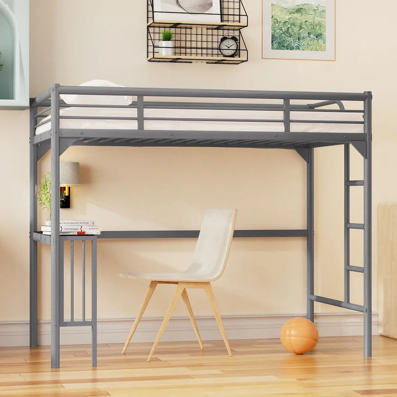 Lit mezzanine en métal de taille double avec bureau, échelle et garde-corps, bureau sous le lit pour chambre à coucher