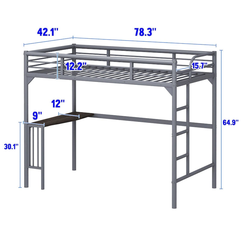 Lit mezzanine en métal de taille double avec bureau, échelle et garde-corps, bureau sous le lit pour chambre à coucher
