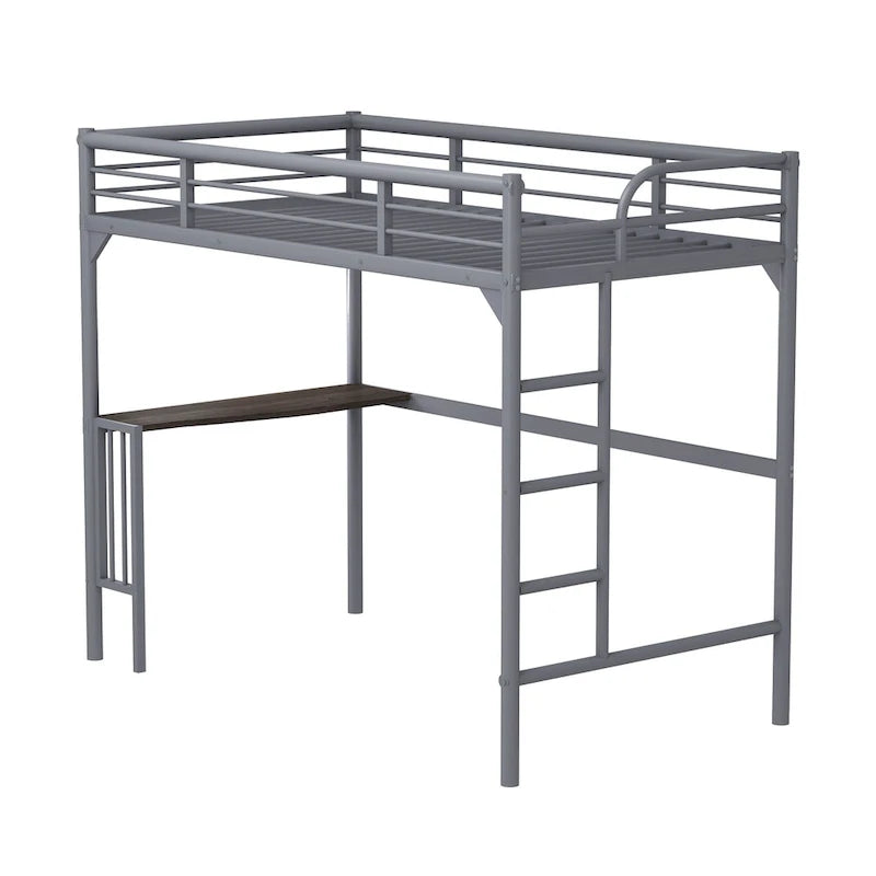 Lit mezzanine en métal de taille double avec bureau, échelle et garde-corps, bureau sous le lit pour chambre à coucher