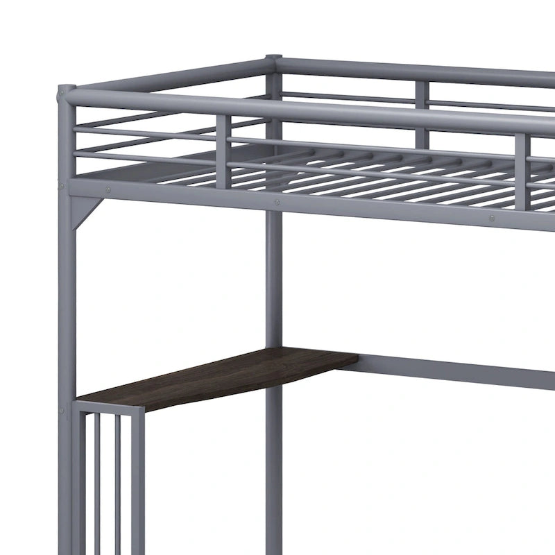 Lit mezzanine en métal de taille double avec bureau, échelle et garde-corps, bureau sous le lit pour chambre à coucher