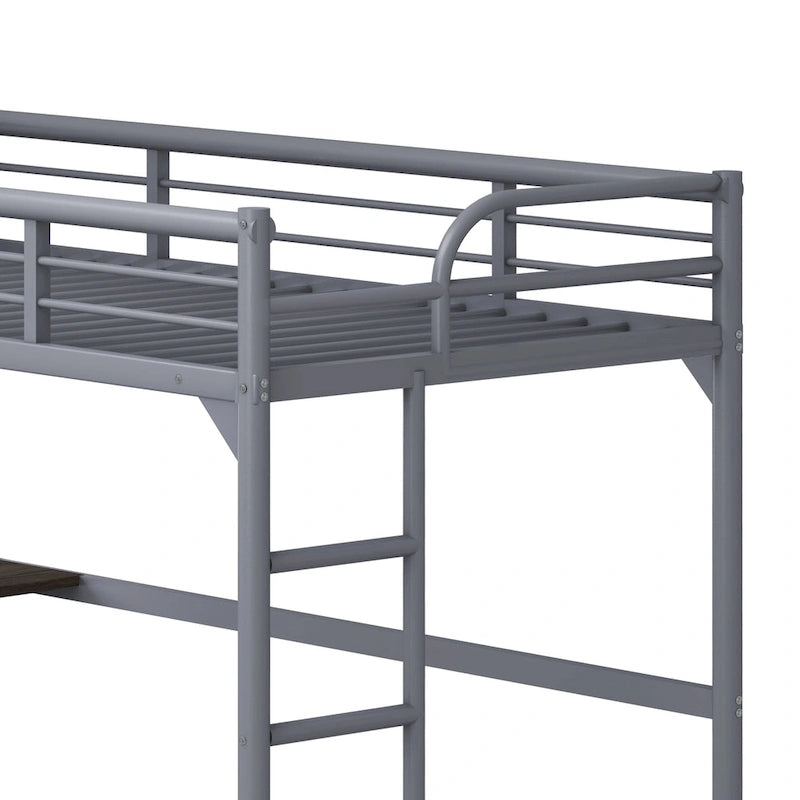Lit mezzanine en métal de taille double avec bureau, échelle et garde-corps, bureau sous le lit pour chambre à coucher