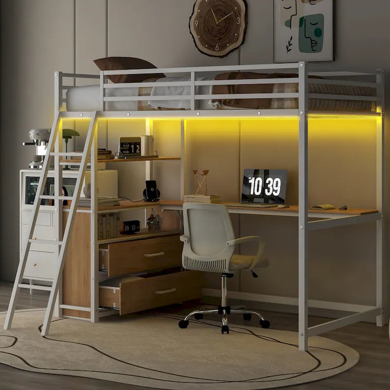 Lit mezzanine en métal et bois, format simple, avec bureau et étagères, deux tiroirs intégrés, éclairage DEL et station de recharge USB