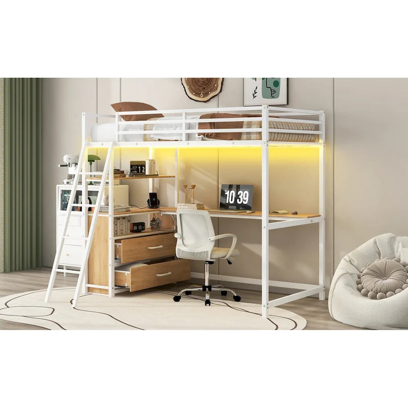 Lit mezzanine en métal et bois, format simple, avec bureau et étagères, deux tiroirs intégrés, éclairage DEL et station de recharge USB