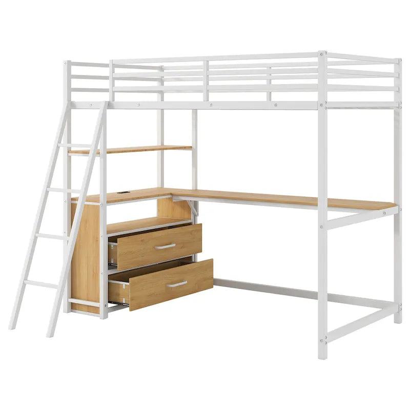 Lit mezzanine en métal et bois, format simple, avec bureau et étagères, deux tiroirs intégrés, éclairage DEL et station de recharge USB