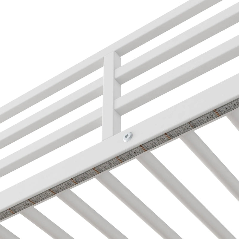 Lit mezzanine en métal et bois, format simple, avec bureau et étagères, deux tiroirs intégrés, éclairage DEL et station de recharge USB
