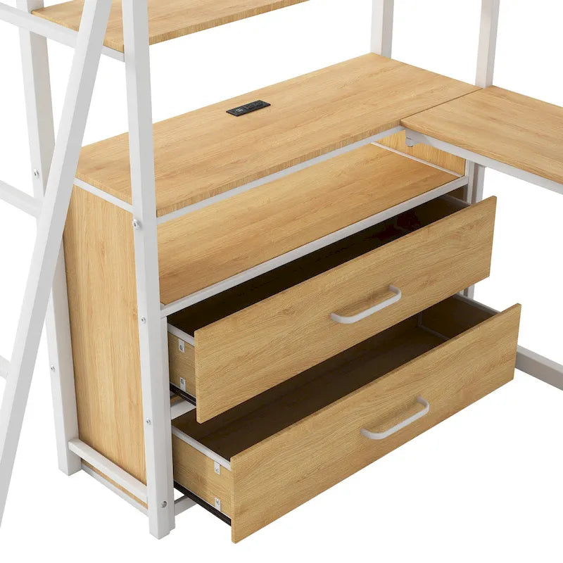 Lit mezzanine en métal et bois, format simple, avec bureau et étagères, deux tiroirs intégrés, éclairage DEL et station de recharge USB