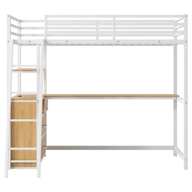 Lit mezzanine en métal et bois, format simple, avec bureau et étagères, deux tiroirs intégrés, éclairage DEL et station de recharge USB