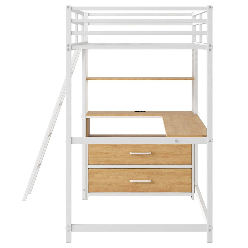 Lit mezzanine en métal et bois, format simple, avec bureau et étagères, deux tiroirs intégrés, éclairage DEL et station de recharge USB