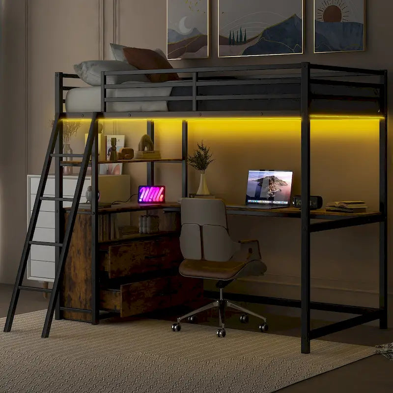 Lit mezzanine en métal et bois, format simple, avec bureau et étagères, deux tiroirs intégrés, éclairage DEL et station de recharge USB