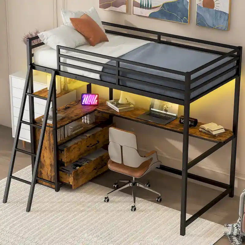 Lit mezzanine en métal et bois, format simple, avec bureau et étagères, deux tiroirs intégrés, éclairage DEL et station de recharge USB